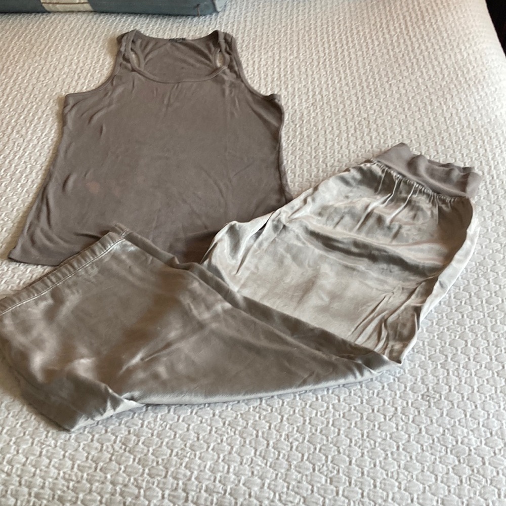 PJ Harlow dark silver satin Lola bottoms and dark silver ribbed tank